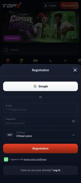 Pantalla de registro con el peso chileno como moneda en la versión móvil de TopX