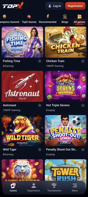 Catálogo completo de juegos en la versión móvil de TopX