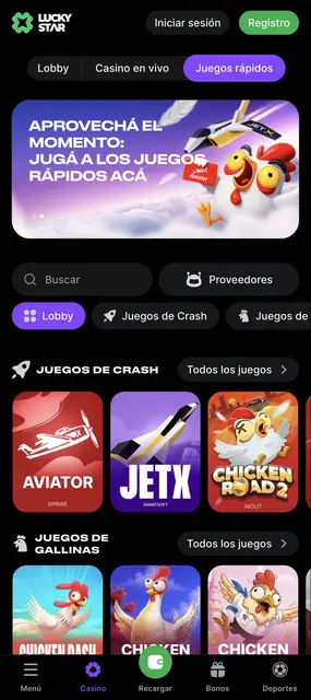 Web móvil de Lucky Star, sección de juegos de crash y de gallinas